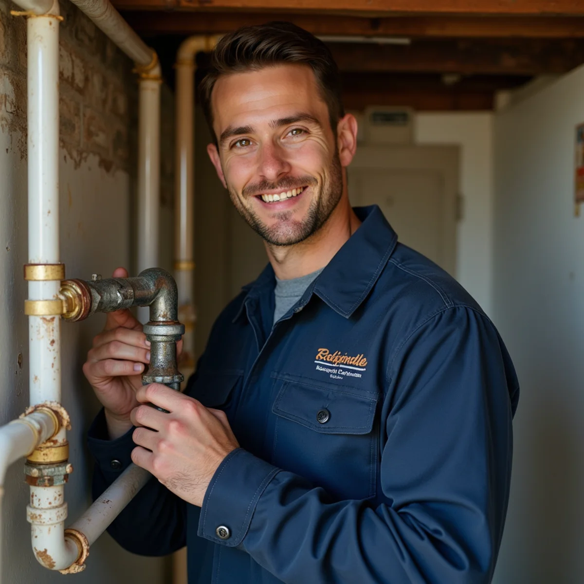 Plumber inspecting original plumbing in a historic Bloomfield Hills estate home