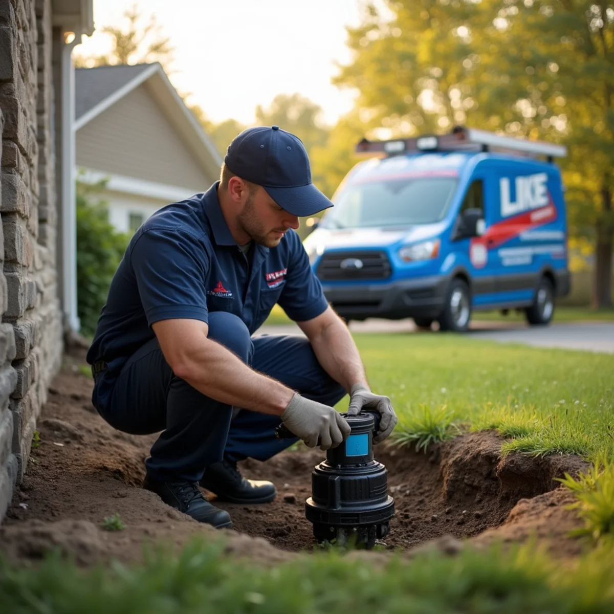 Plumber servicing a well and sump system at a lake-area new build in Brighton, MI
