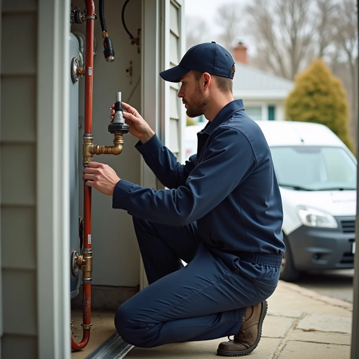 Plumber replacing a hard-water-scaled water heater in a Farmington Hills, MI subdivision home