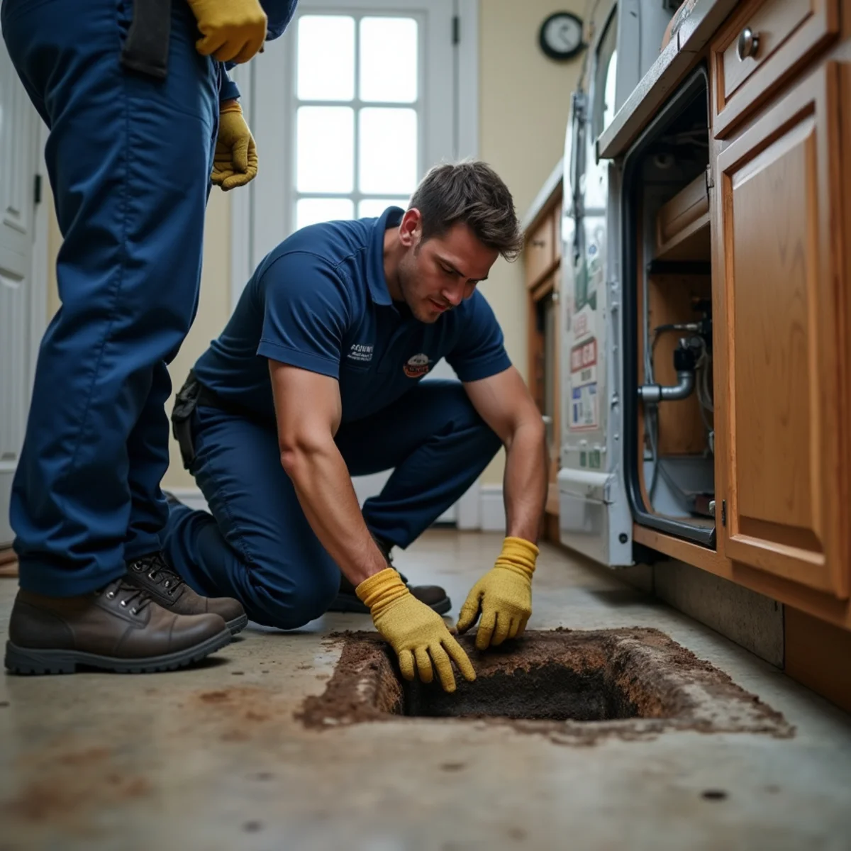 Plumber inspecting a basement floor drain during a sewage backup in a Metro Detroit home
