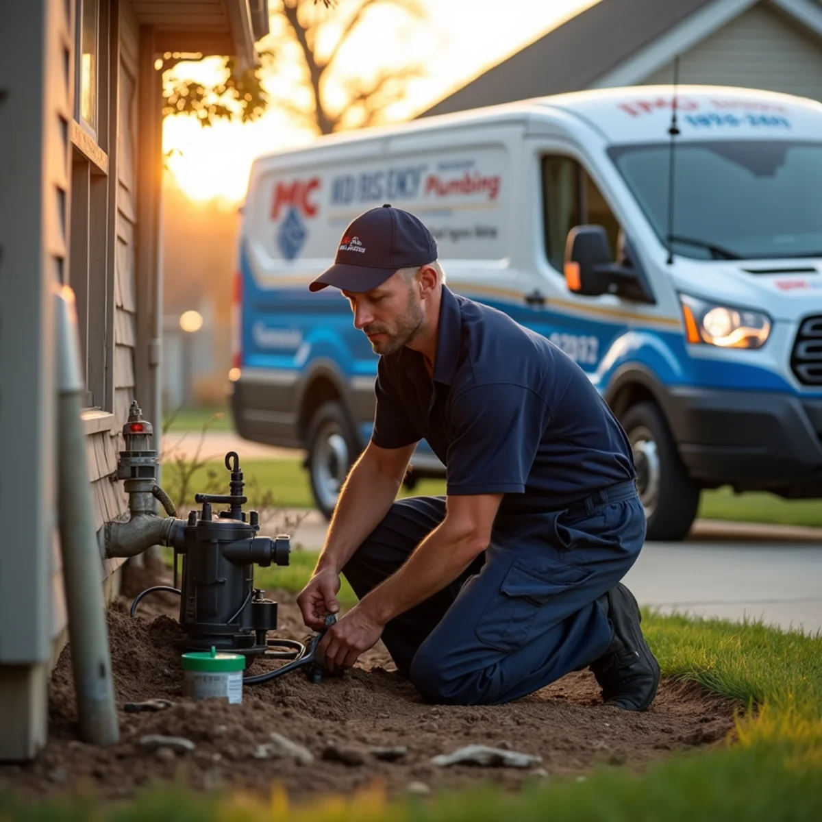 Plumber servicing a sump and backwater valve at a canal-front home in St. Clair Shores, MI