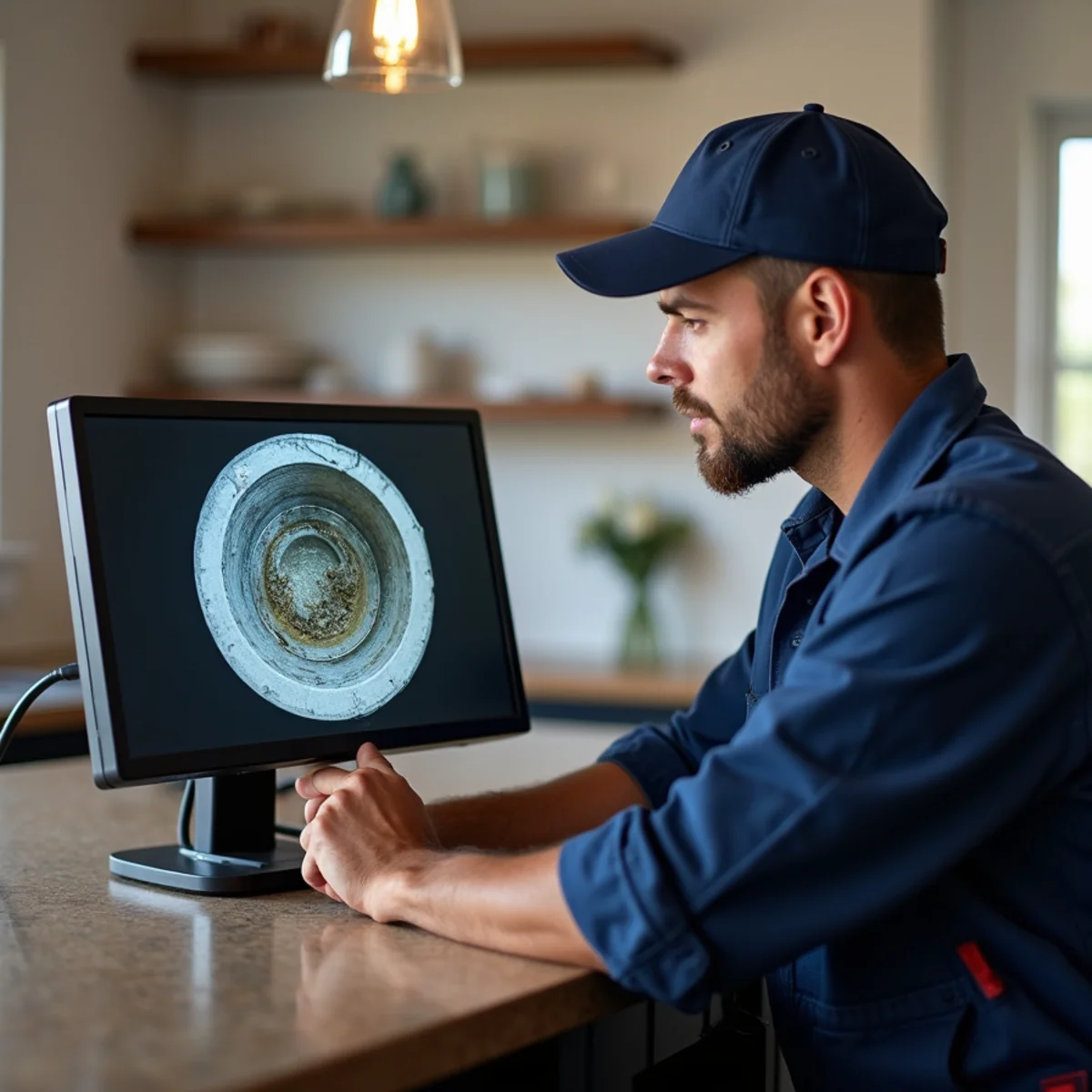 Plumber using a camera to find the cause of a recurring drain clog in a Bloomfield Hills kitchen